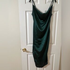 PrettyLittleThing Green Slip Dress Draped Neck with Slit and Adjustable Straps
